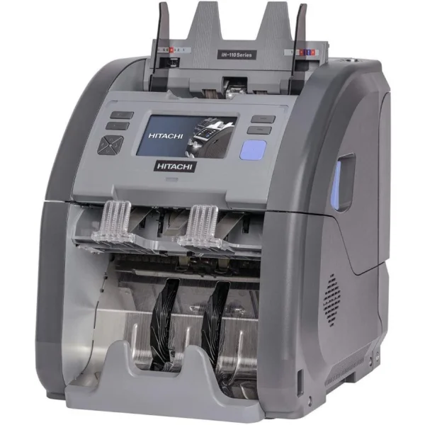 Hitachi IH-110 Cash Counting & Sorting Machine With Counterfeit Detection Technologies, 4.3" Full Color Touch Screen, Dual Pocket, Dual CIS, Fitness Sorter With 25 Currencies, Gray | IH-110