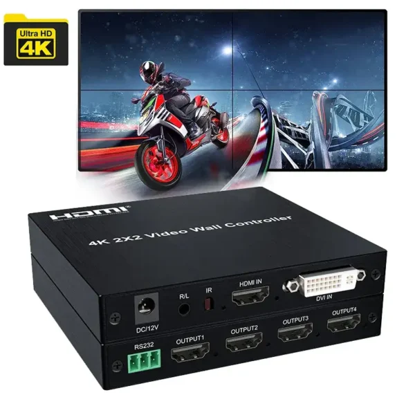4K UHD HDMI 2x2 Video Wall Controller Multi Screen Splicer Processor with HDMI/DVI Input, 4 HDMI Output, IR Remote, RS232 Control, Equalized Multiple Splicing, and Anti-static Technology
